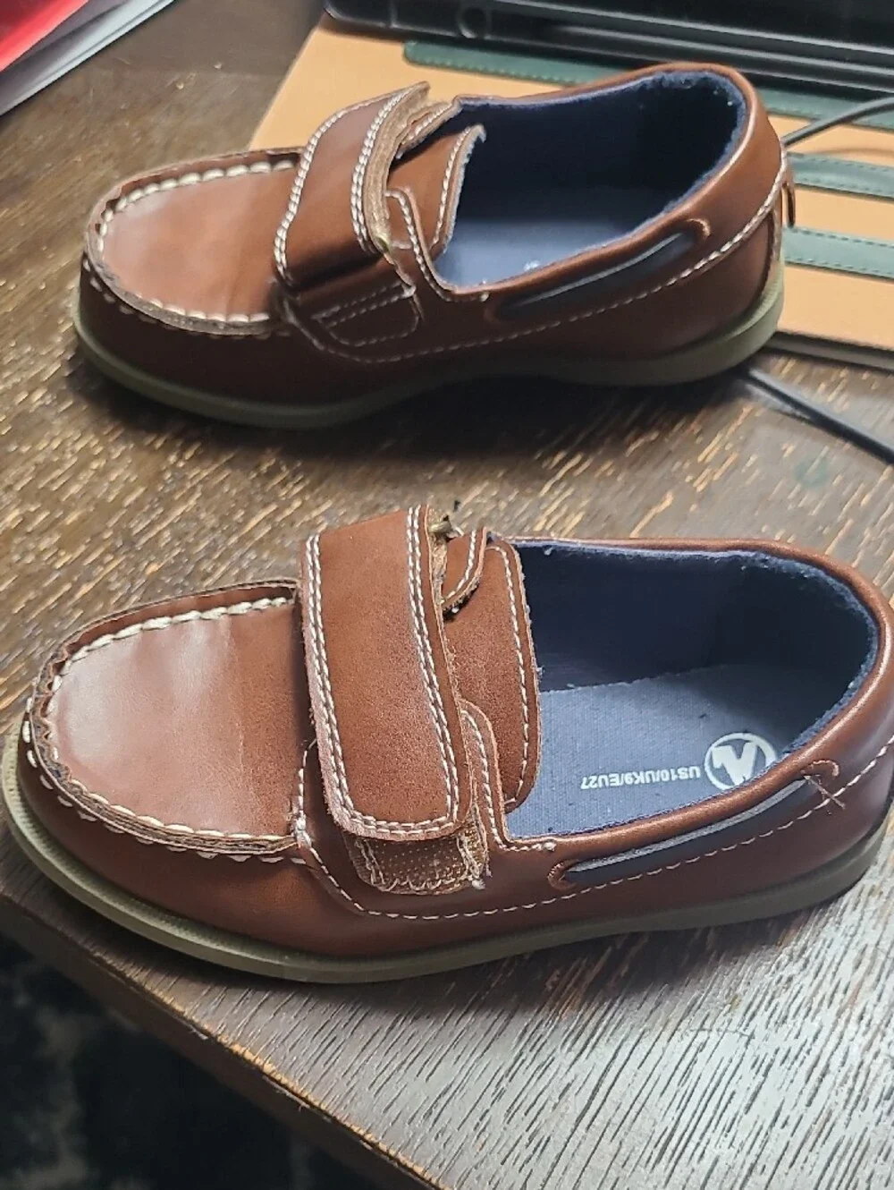 Kids Brown Leather Slip-On Boat Shoes Size 10 Boys with Hook-and-Loop Strap